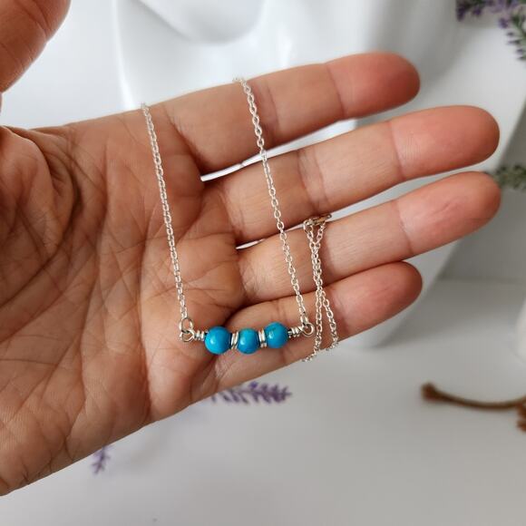 Silver Dainty Trio Turquoise Seashell Bar Necklace / Wire Wrapped Blue Necklace - Picture 6 of 6